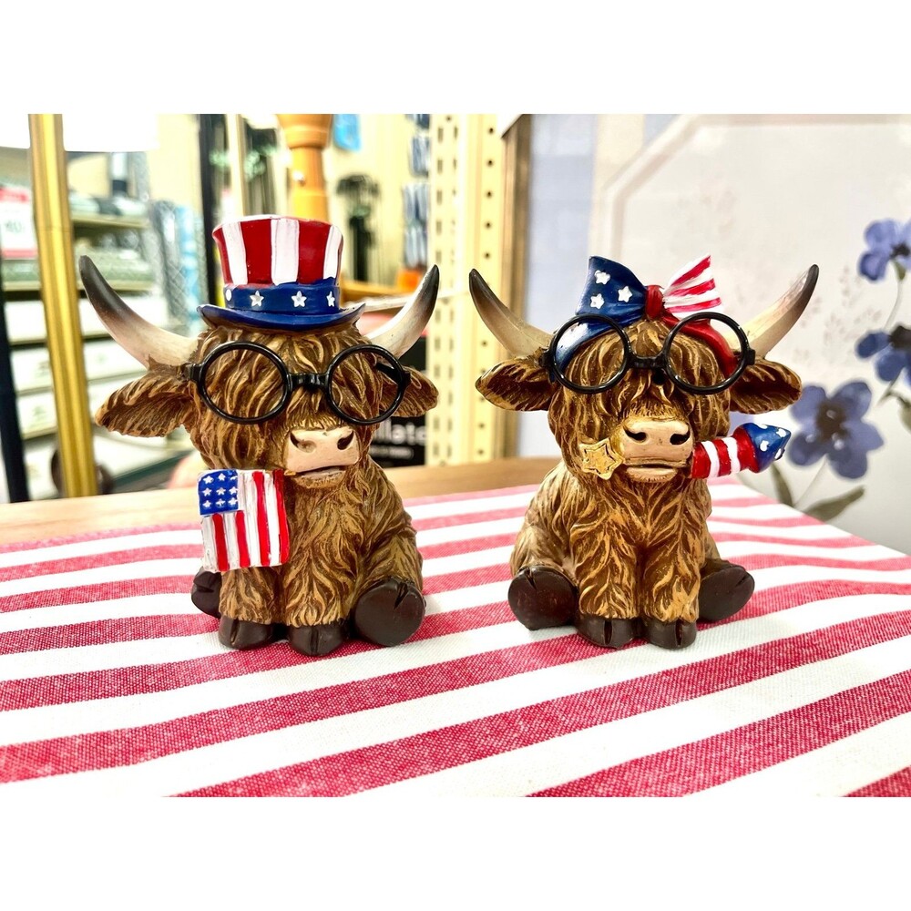NEW PATRIOTIC 4th of July Highland Cows Figurines with Bow and Flag